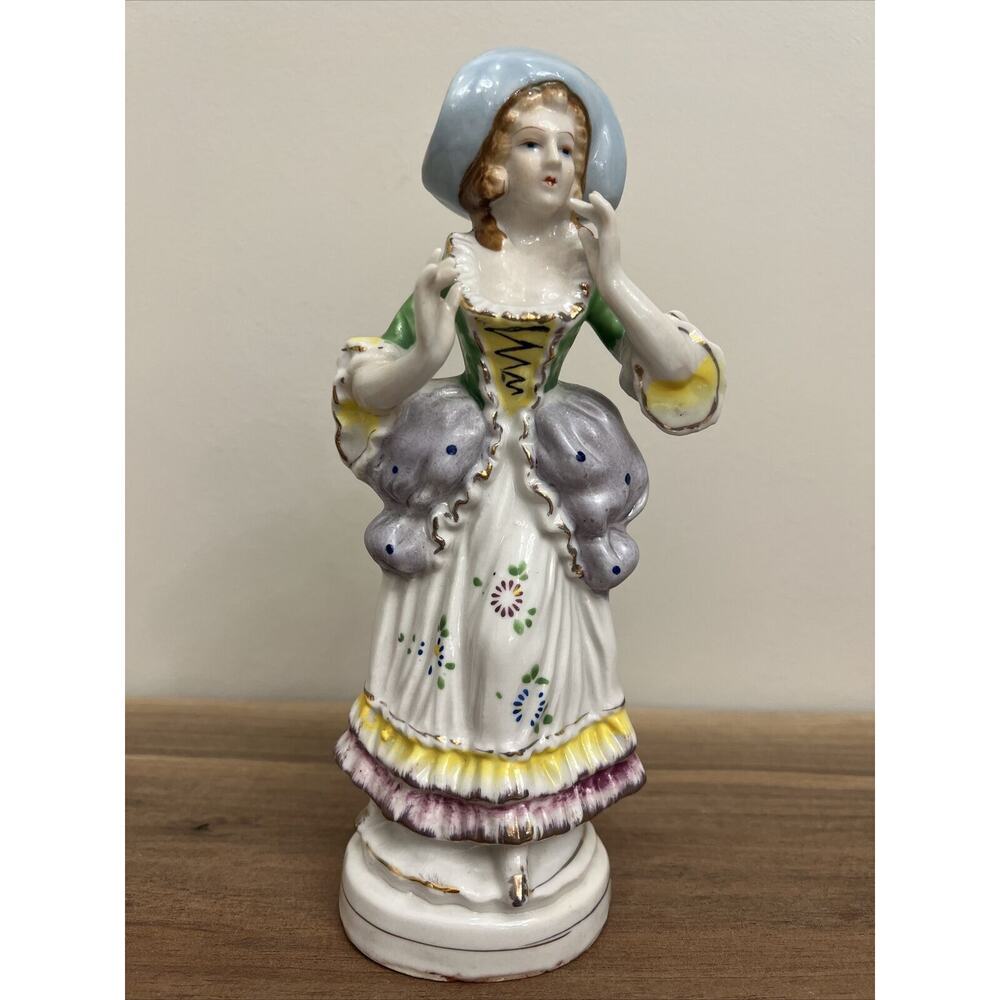 Vtg 8" Woman in Blue Hat Gold Trim Figurine Made in Japan Hand Painted Porcelain - Picture 2 of 15